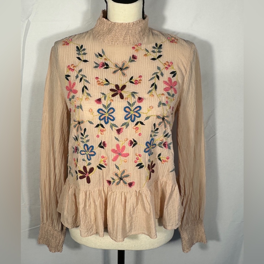 ZARA Trafaluc Embroidered Floral Long Sleeve Open Back Blouse Top